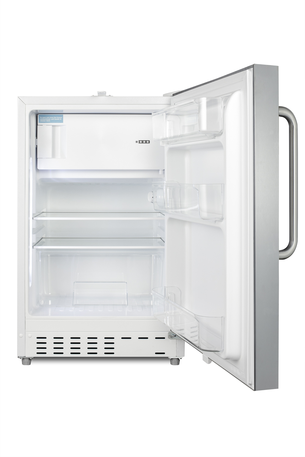Built-in undercounter ADA compliant refrigerator-freezer with a stainless steel cabinet and reversible SS door, with a towel bar handle for residential use, manual defrost with glass shelves, front lock, and door storage